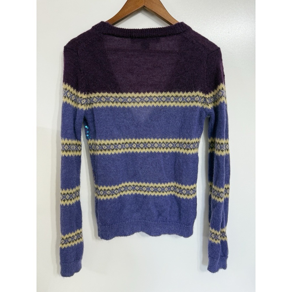 French Connection Vtg Women's Cardigan Mohair Sweater Purple sequins L Fair Isle - Picture 3 of 7